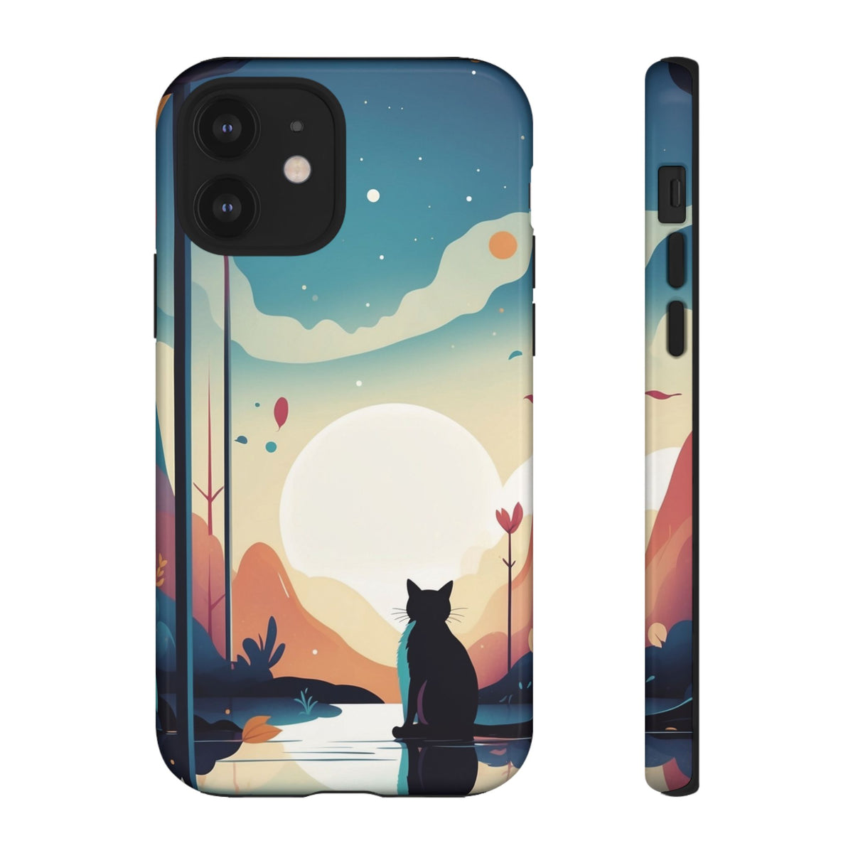 Stylised Cat & Moon Design Phone Case - Multicolor Phone Case - iPhone 12 / Glossy