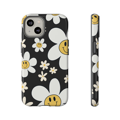 iPhone 14 / Glossy Phone Case - Fun Retro Daisy Pattern with Dark Grey Background Phone Case