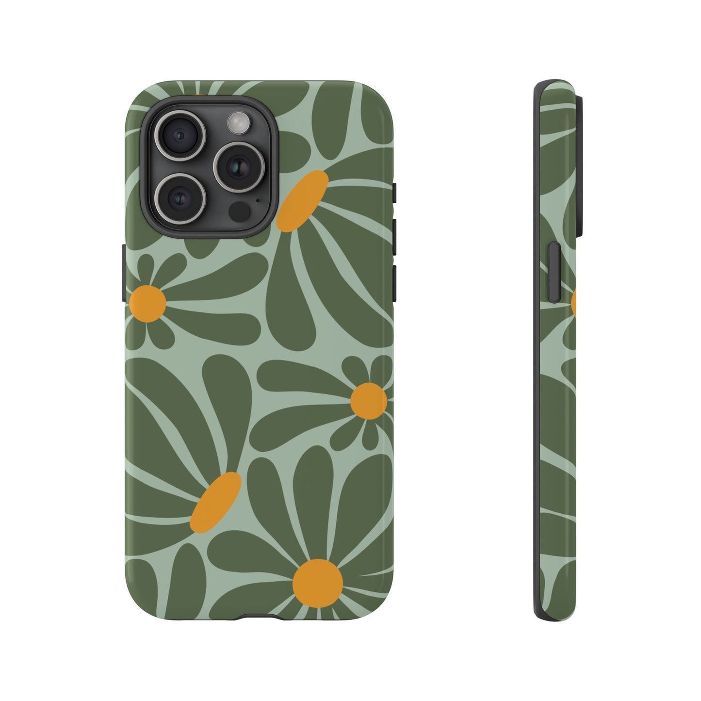 iPhone 15 Pro Max / Glossy Phone Case - Retro Green Daisy Pattern Phone Case