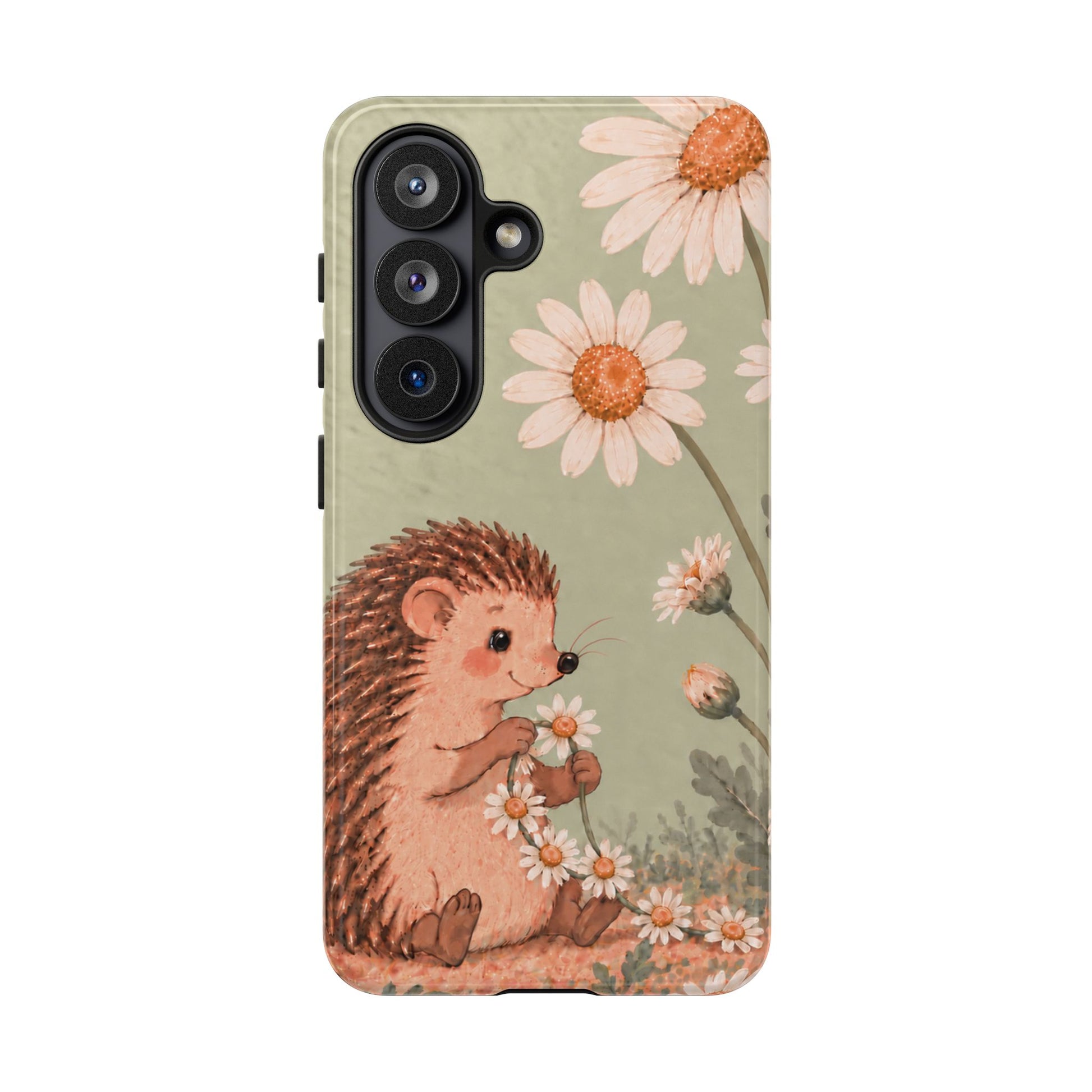 Whimsical Sage Green Hedgehog and Daisy Chain Phone Case - Green Phone Case - Samsung Galaxy S26 / Glossy