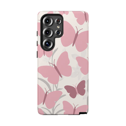 Samsung Galaxy S25 Ultra / Glossy Phone Case - Minimalist Cream & Pink Butterfly Pattern Phone Case