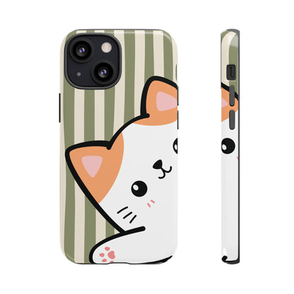 iPhone 13 Mini / Glossy Phone Case - Peakaboo Cat with Green Stripe Pattern Phone Case