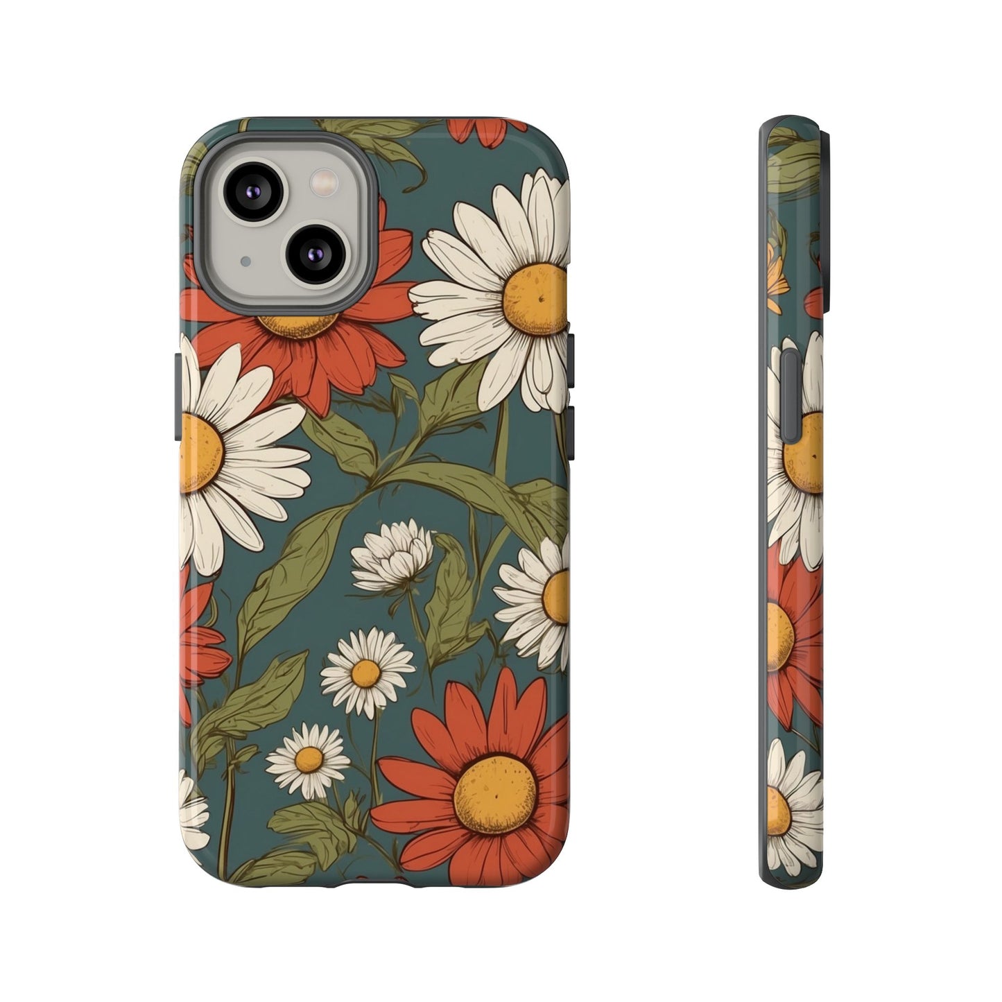 iPhone 14 / Glossy Phone Case - Boho Chic Daisies Floral Pattern ’White & Red’ Phone Case