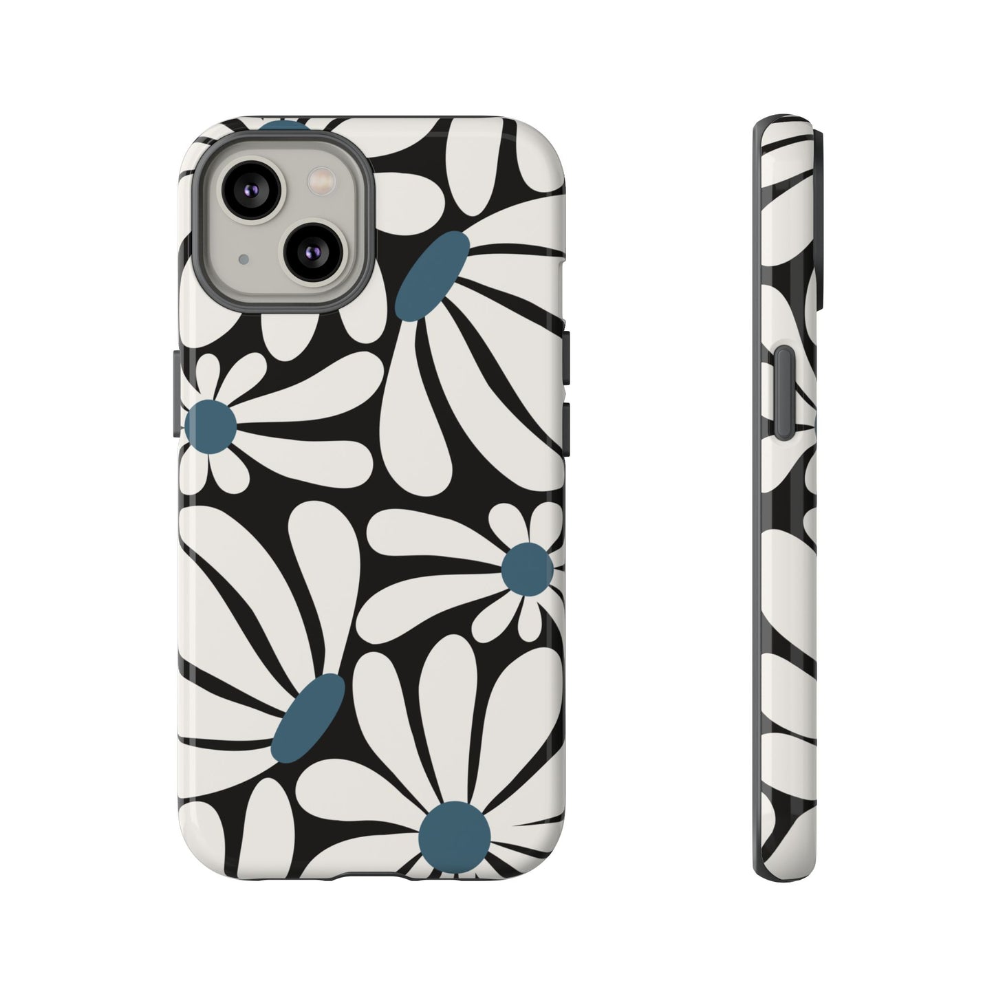 iPhone 14 / Glossy Phone Case - Retro Black Daisy Pattern Phone Case
