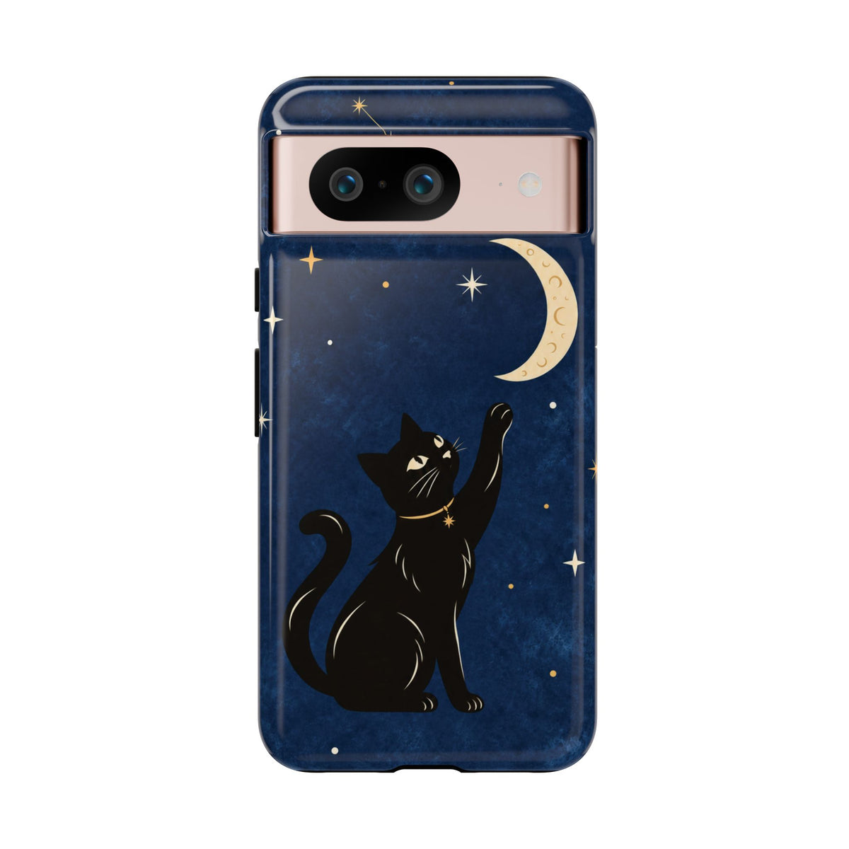Whimsical Navy Blue Celestial Black Cat Phone Case