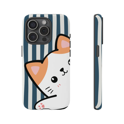 Playful Peakaboo Cat with Blue Stripe Pattern Phone Case - Blue Phone Case - iPhone 15 Pro / Glossy