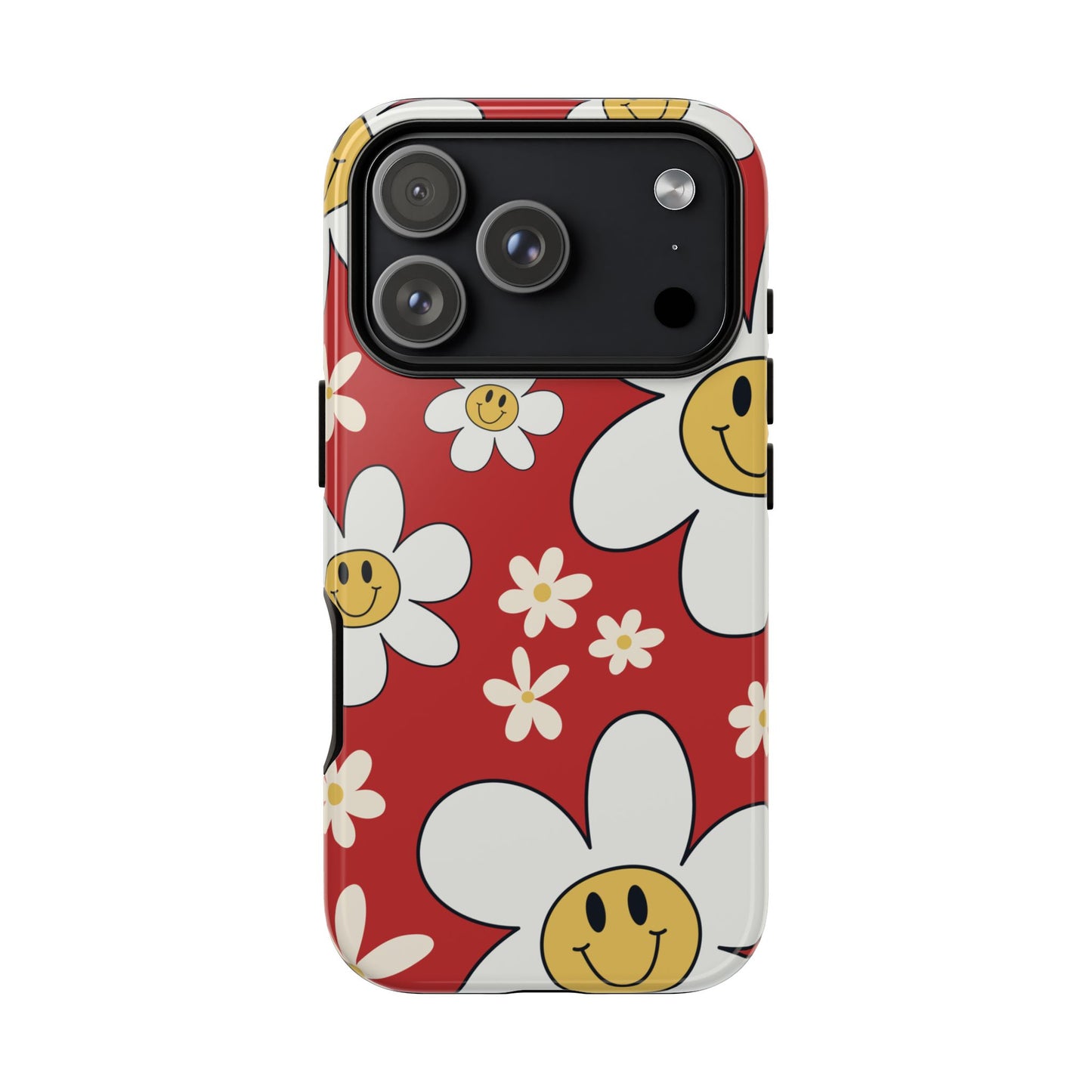 iPhone 17 Pro / Glossy Phone Case - Fun Retro Daisy Pattern with Red Background Phone Case