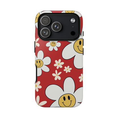 iPhone 17 Pro / Glossy Phone Case - Fun Retro Daisy Pattern with Red Background Phone Case
