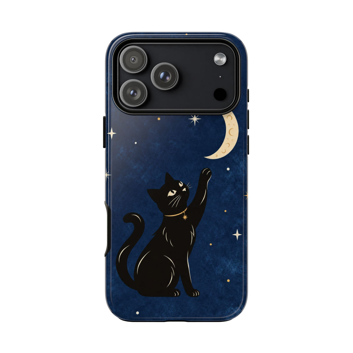 Whimsical Navy Blue Celestial Black Cat Phone Case