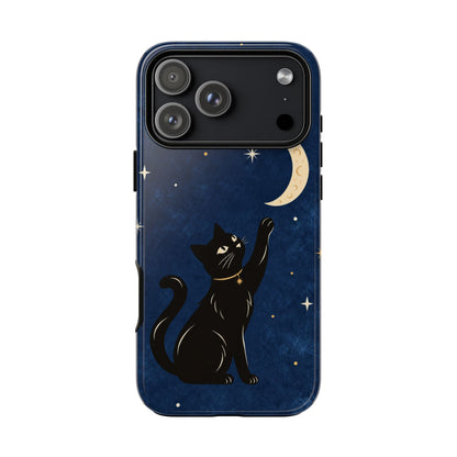 Whimsical Navy Blue Celestial Black Cat Phone Case
