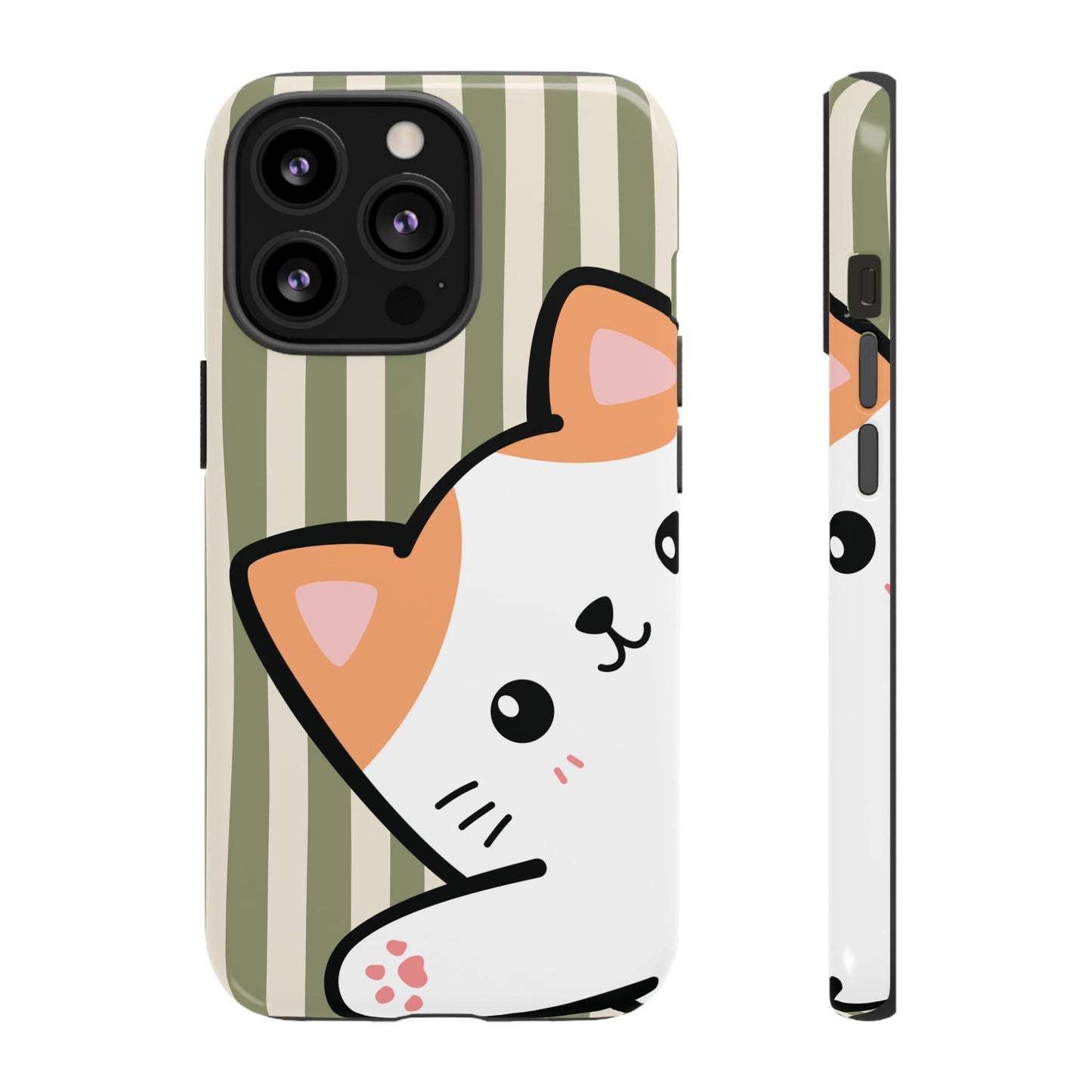 iPhone 13 Pro / Glossy Phone Case - Peakaboo Cat with Green Stripe Pattern Phone Case