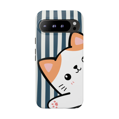 Playful Peakaboo Cat with Blue Stripe Pattern Phone Case - Blue Phone Case - Google Pixel 9 Pro XL / Glossy