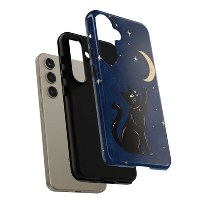 Whimsical Navy Blue Celestial Black Cat Phone Case