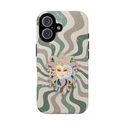 iPhone 16 / Glossy Phone Case - Sun & Moon Jester Mask – Green Retro Wave Phone Case