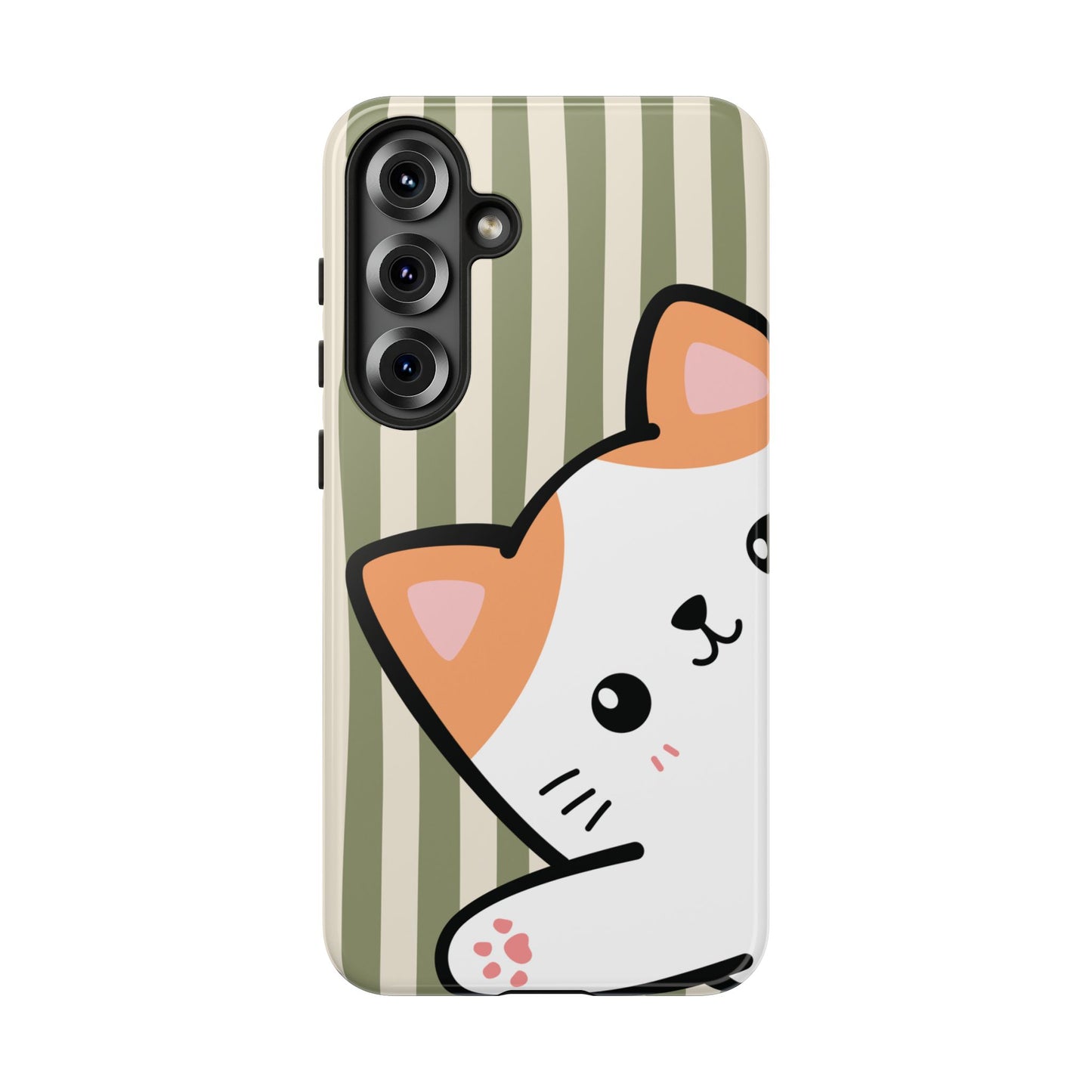 Samsung Galaxy S25 Plus / Glossy Phone Case - Peakaboo Cat with Green Stripe Pattern Phone Case