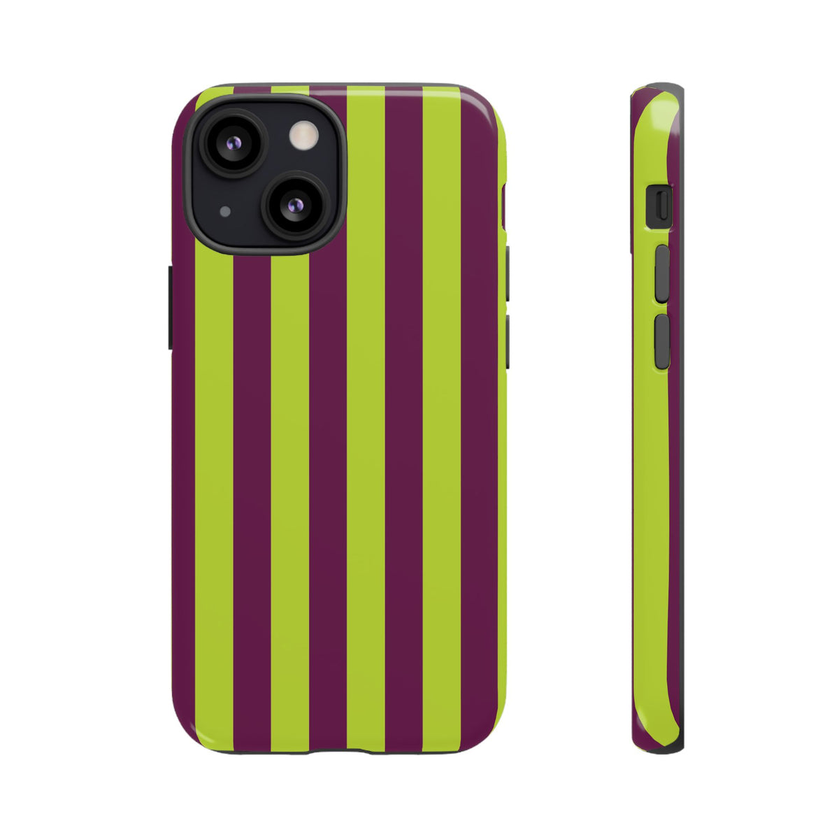 Trendy Neon Lime Green & Plum Stripe Pattern Phone Case - Green Phone Case - iPhone 13 Mini / Glossy