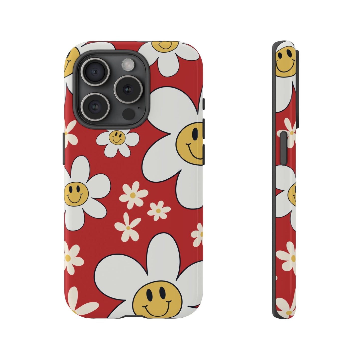 iPhone 15 Pro / Glossy Phone Case - Fun Retro Daisy Pattern with Red Background Phone Case