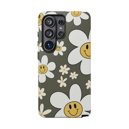 Fun Retro Daisy Pattern with Olive Green Background Phone Case - Green Phone Case - Samsung Galaxy S26 Ultra / Glossy