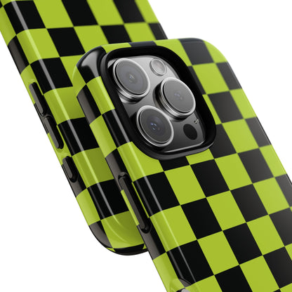 Phone Case - Trendy Neon Lime Green & Black Checked Pattern Phone Case