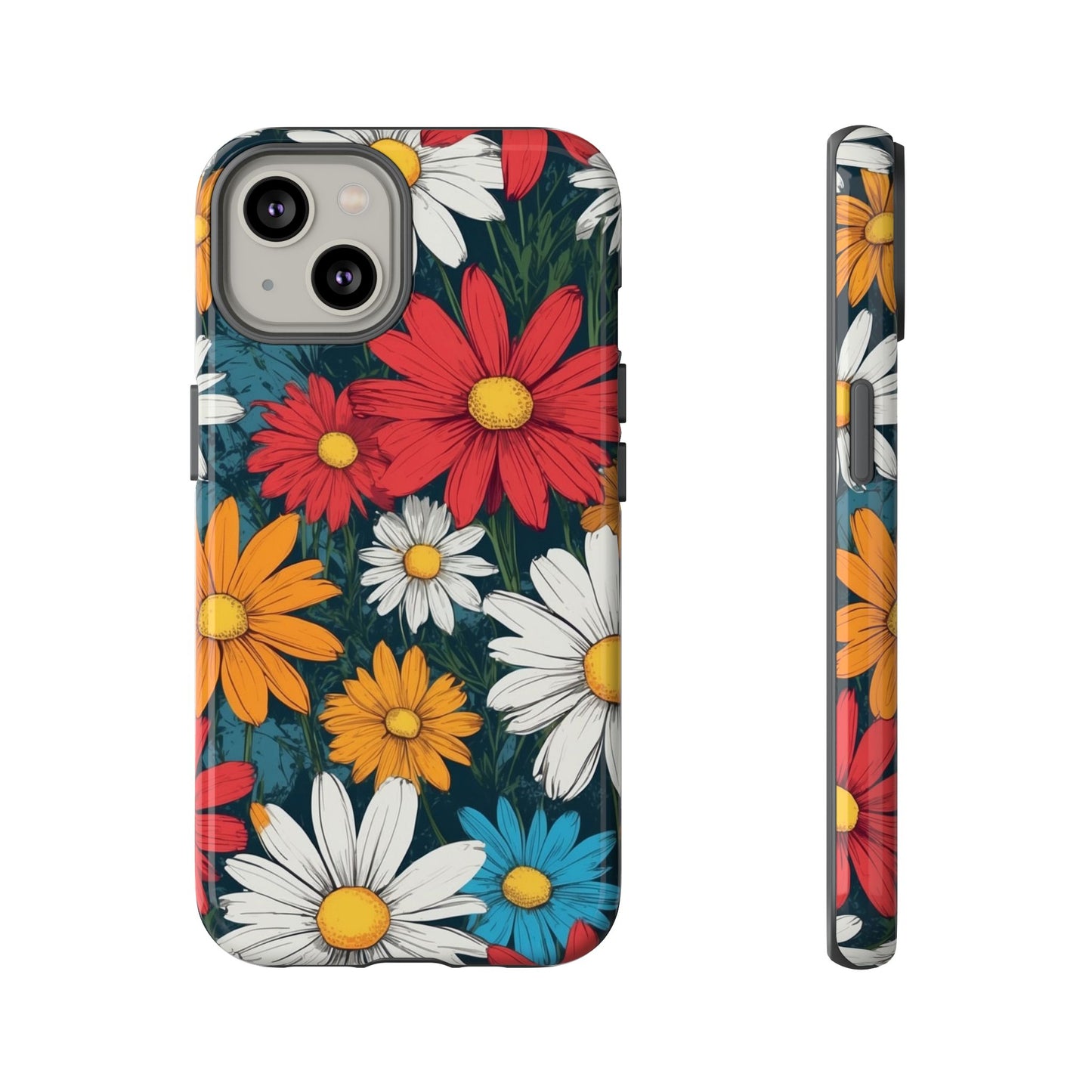 iPhone 14 / Glossy Phone Case - Pop Art Daisies Illustration ’Red & Orange’ Phone Case