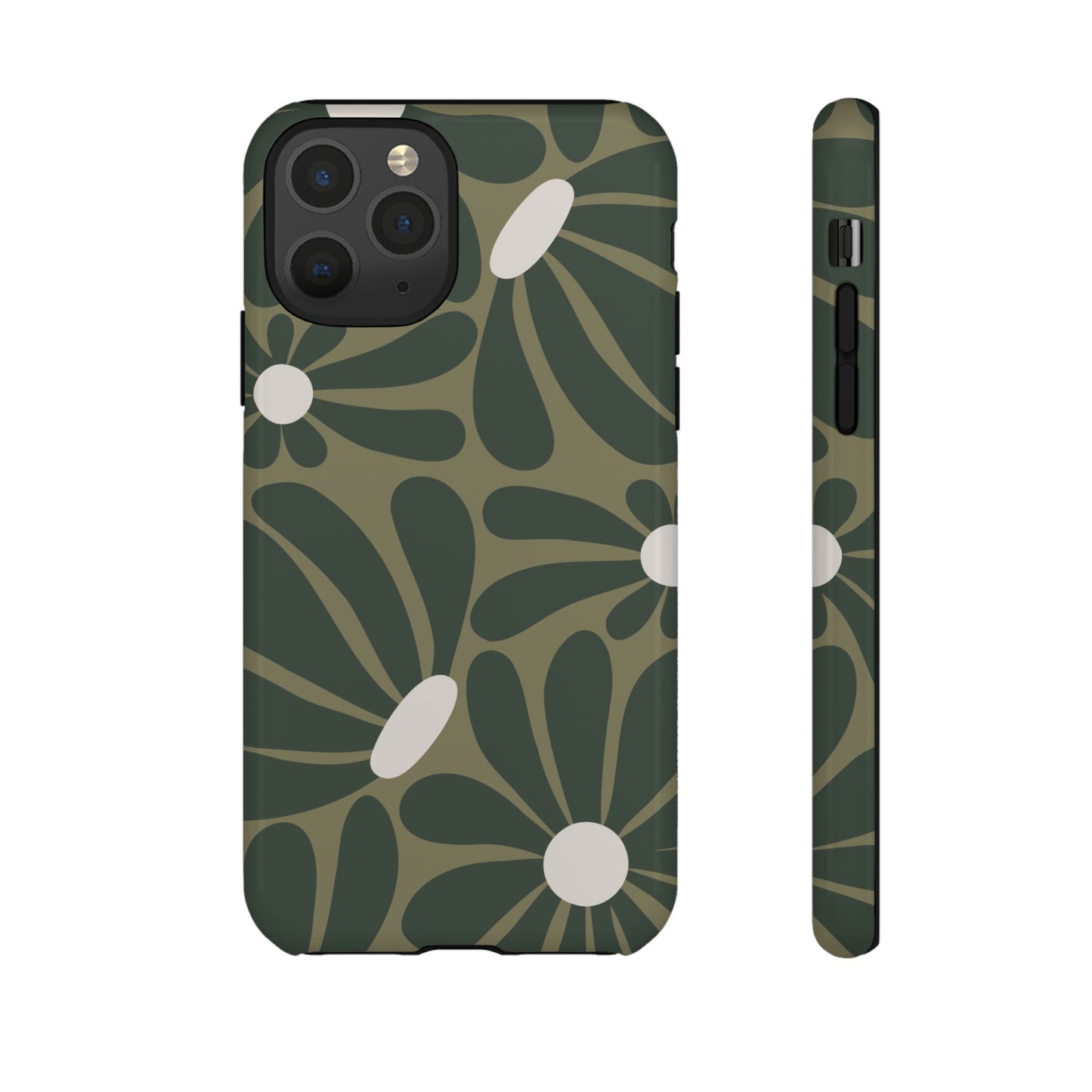 iPhone 11 Pro / Glossy Phone Case - ’Retro Olive Green Daisy Pattern’ Phone Case