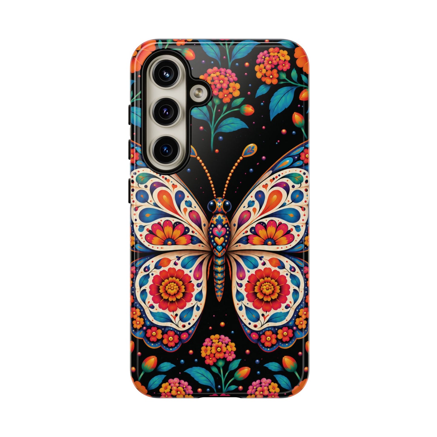 Vibrant Orange and Turquoise Calavera Butterfly Phone Case - Multicolor Phone Case - Samsung Galaxy S24 / Glossy