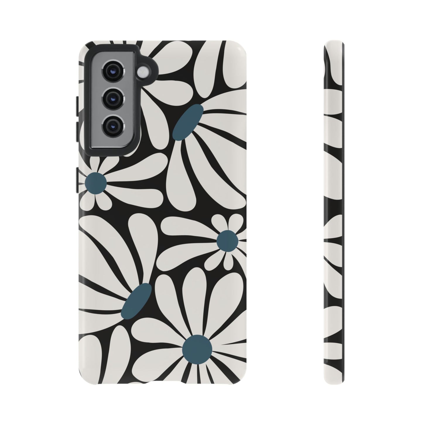 Samsung Galaxy S21 / Glossy Phone Case - Retro Black Daisy Pattern Phone Case