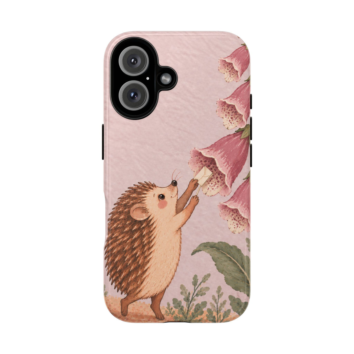 Whimsical Blush Pink Hedgehog and Foxglove Phone Case - Pink Phone Case - iPhone 16 / Glossy
