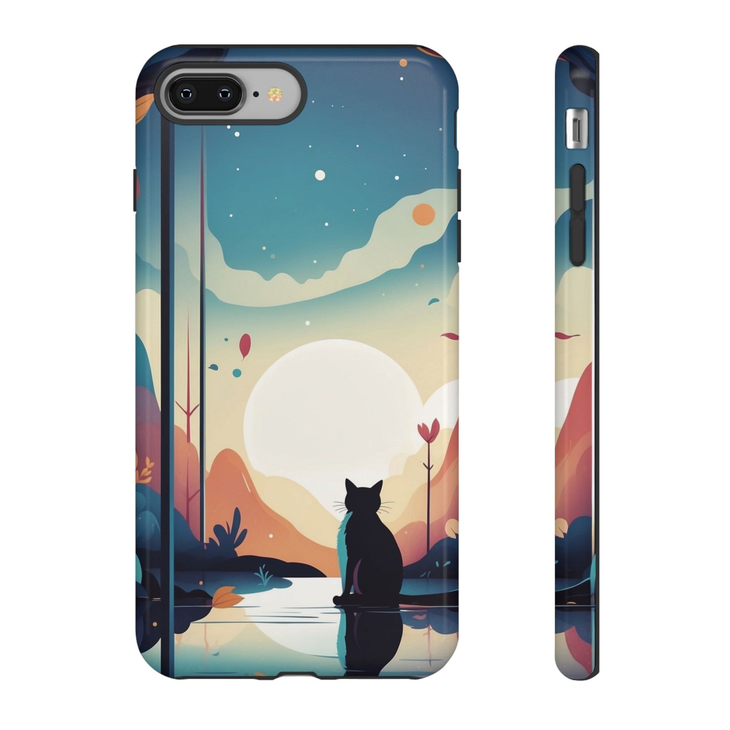 iPhone 8 Plus / Glossy Phone Case - Stylised Cat & Moon Design Phone Case