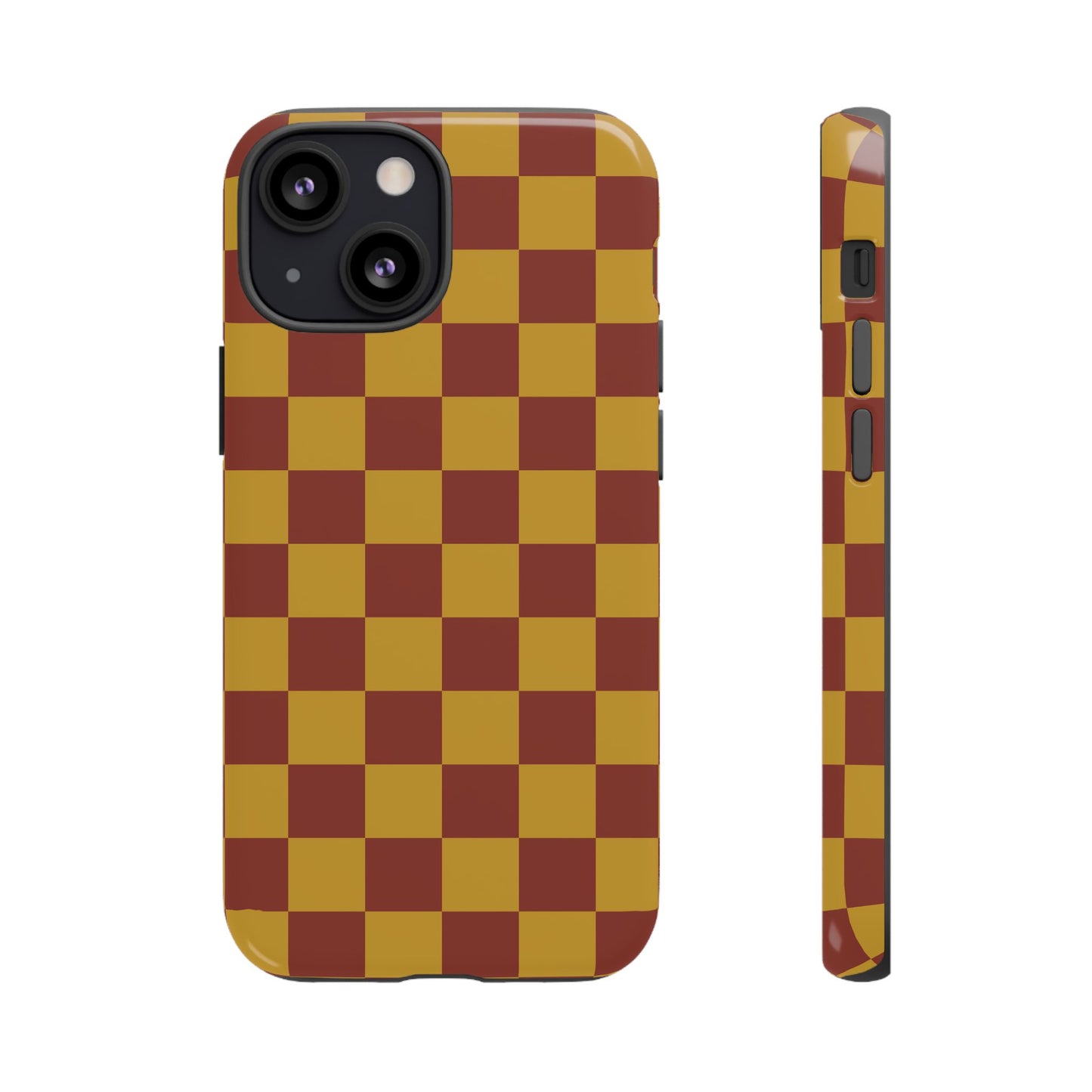 iPhone 13 Mini / Glossy Phone Case - Trendy Mustard & Burgandy Checked Pattern Phone Case