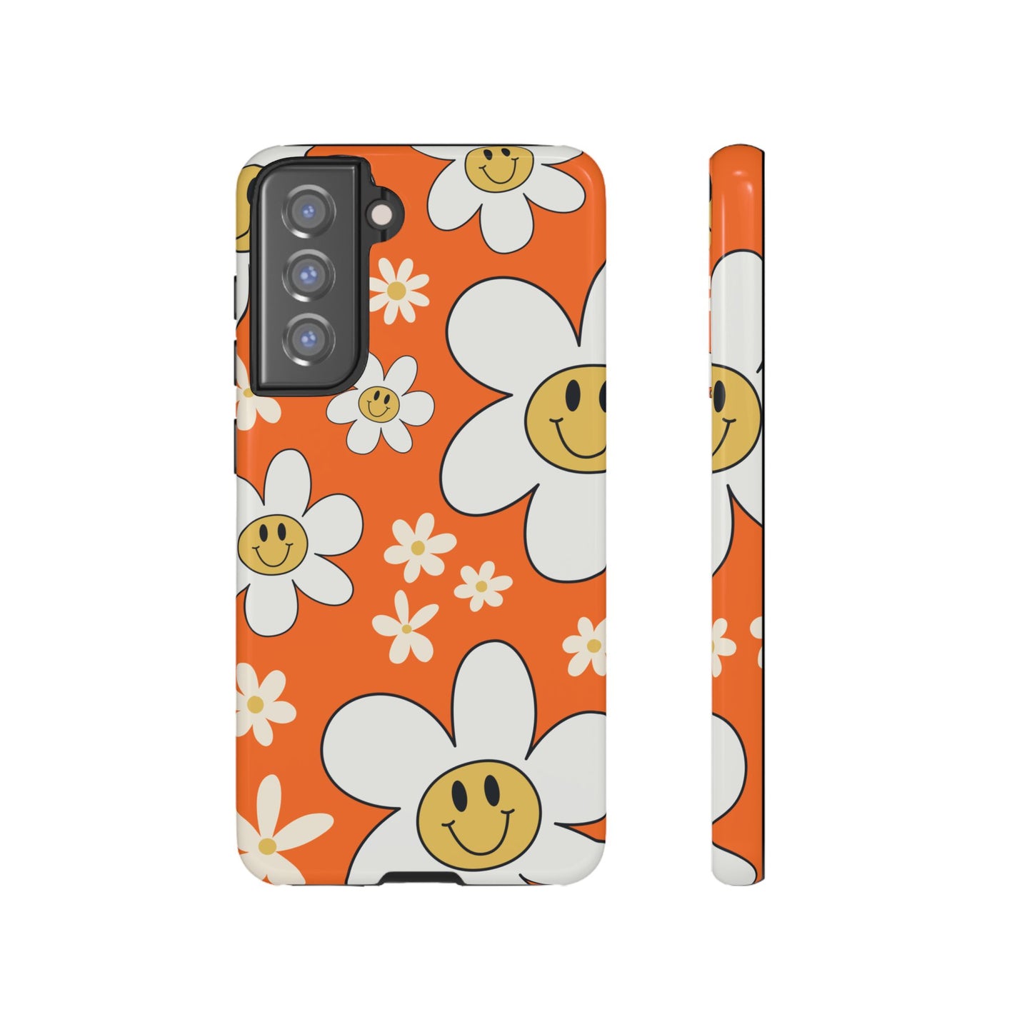 Fun Retro Daisy Pattern with Orange Background Phone Case - Orange Phone Case - Samsung Galaxy S21 FE / Glossy