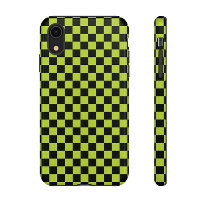 iPhone XR / Glossy Phone Case - Trendy Neon Lime Green & Plum Small Checked Pattern Phone Case