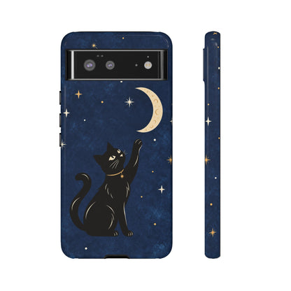 Whimsical Navy Blue Celestial Black Cat Phone Case