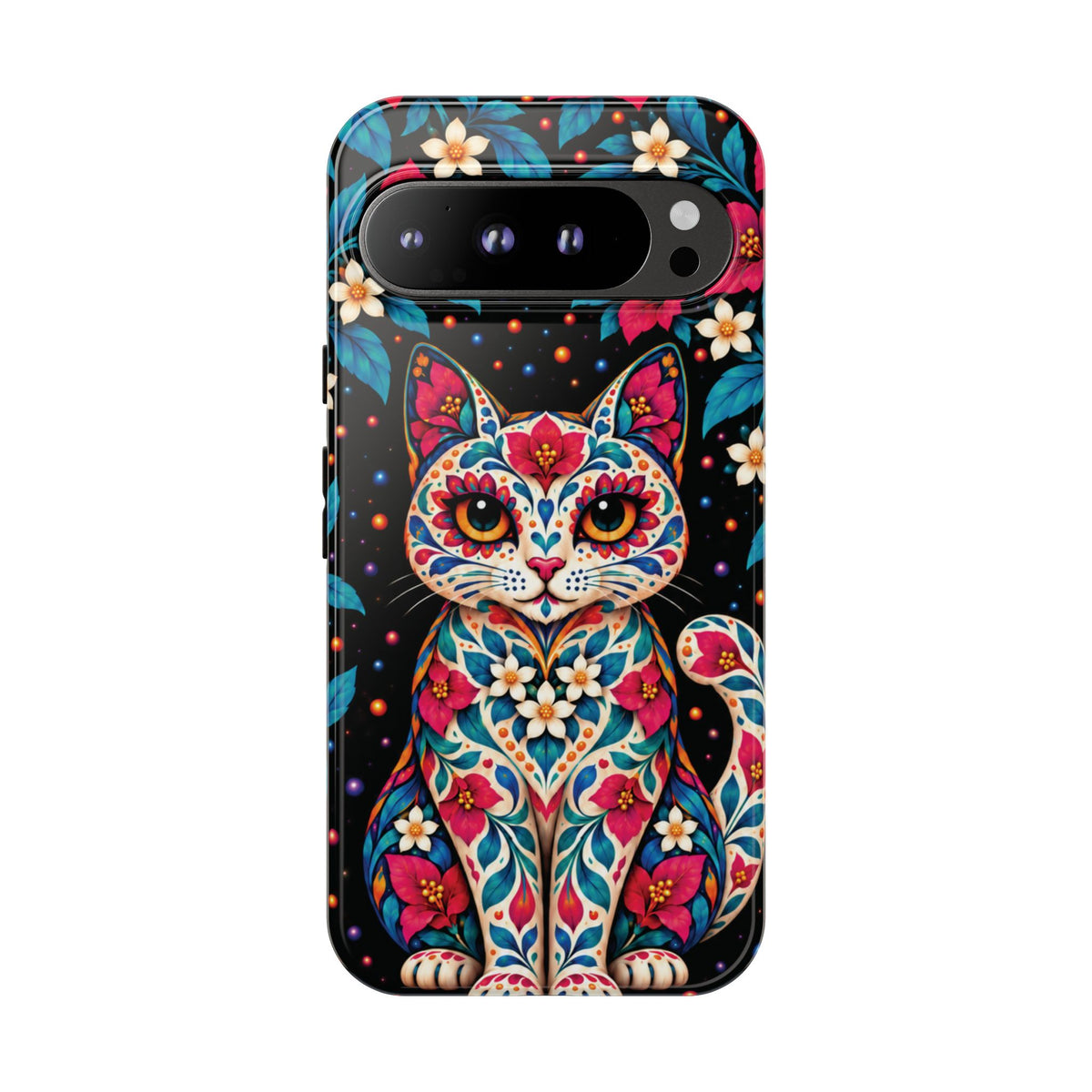 Vibrant Pink and Turquoise Calavera Cat Phone Case - Multicolor Phone Case - Google Pixel 9 Pro XL / Glossy