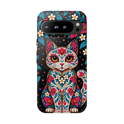 Vibrant Pink and Turquoise Calavera Cat Phone Case - Multicolor Phone Case - Google Pixel 9 Pro XL / Glossy
