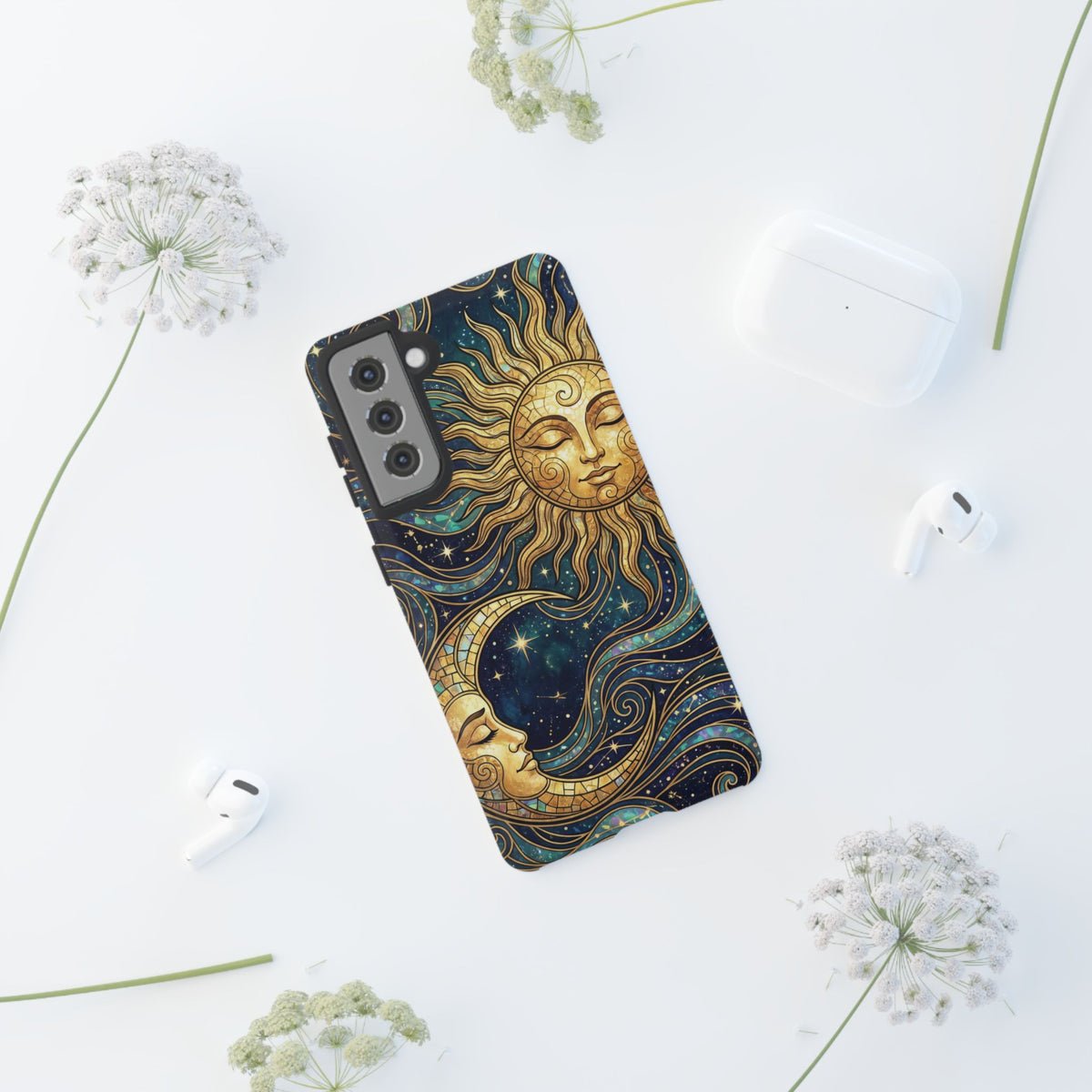 Elegant Teal & Gold Sun and Moon Phone Case