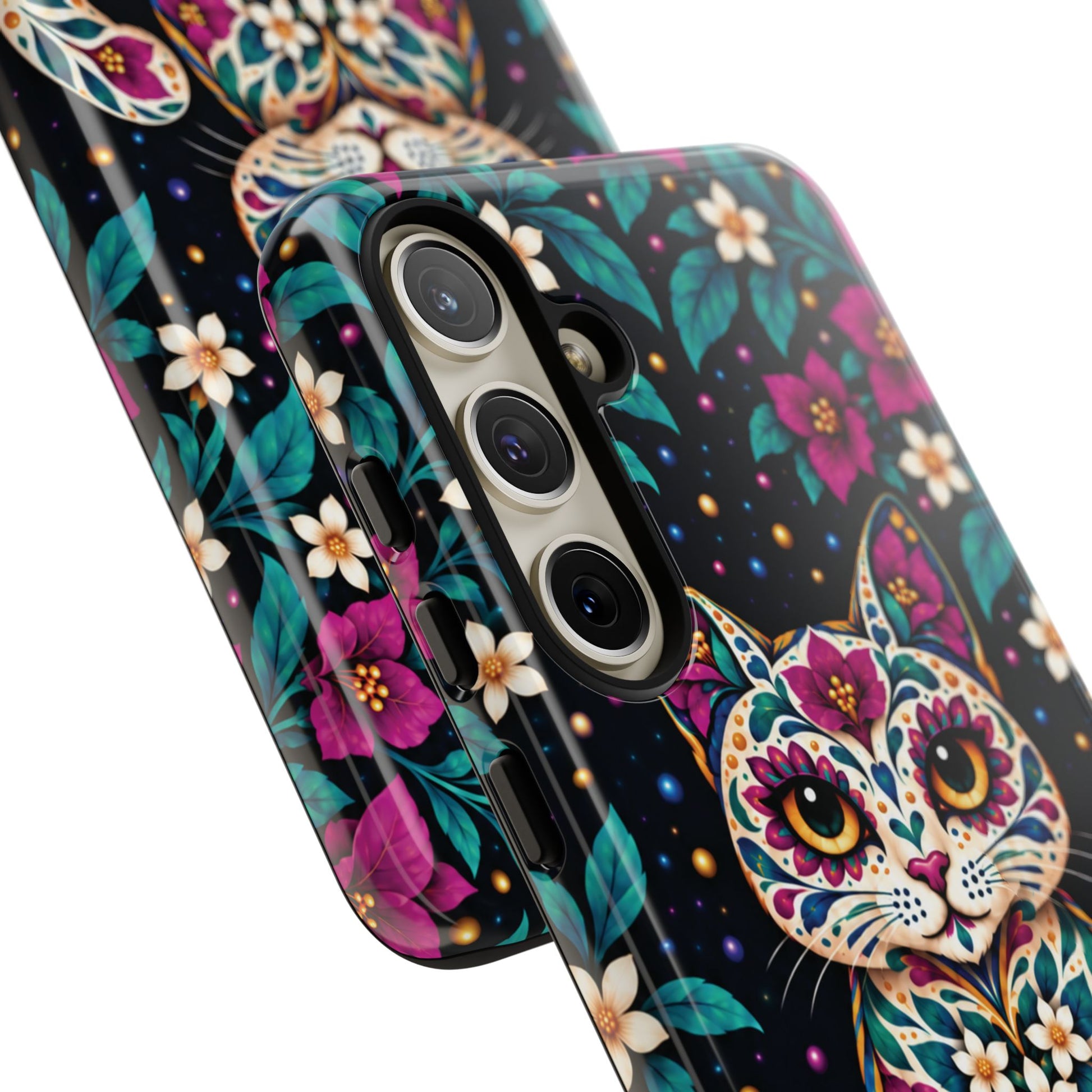 Vibrant Purple and Teal Calavera Cat Phone Case - Multicolor Phone Case