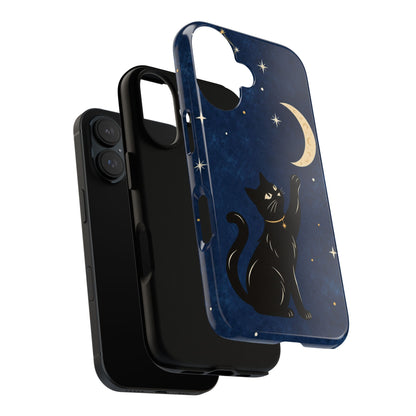 Whimsical Navy Blue Celestial Black Cat Phone Case
