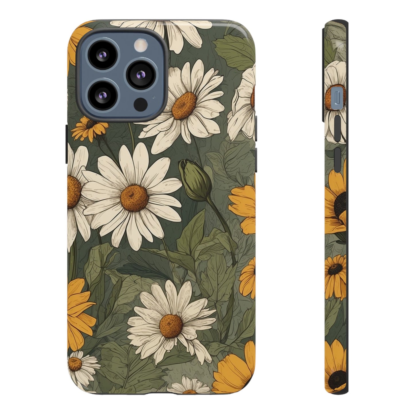iPhone 13 Pro Max / Glossy Phone Case - Boho Chic Daisies Floral Pattern ’White & Yellow’ Phone Case