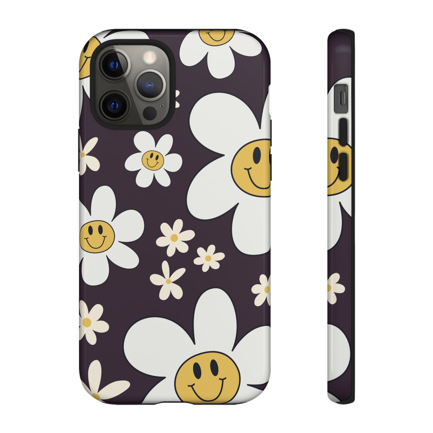 iPhone 12 Pro / Glossy Phone Case - Fun Retro Daisy Pattern with Purple Background Phone Case