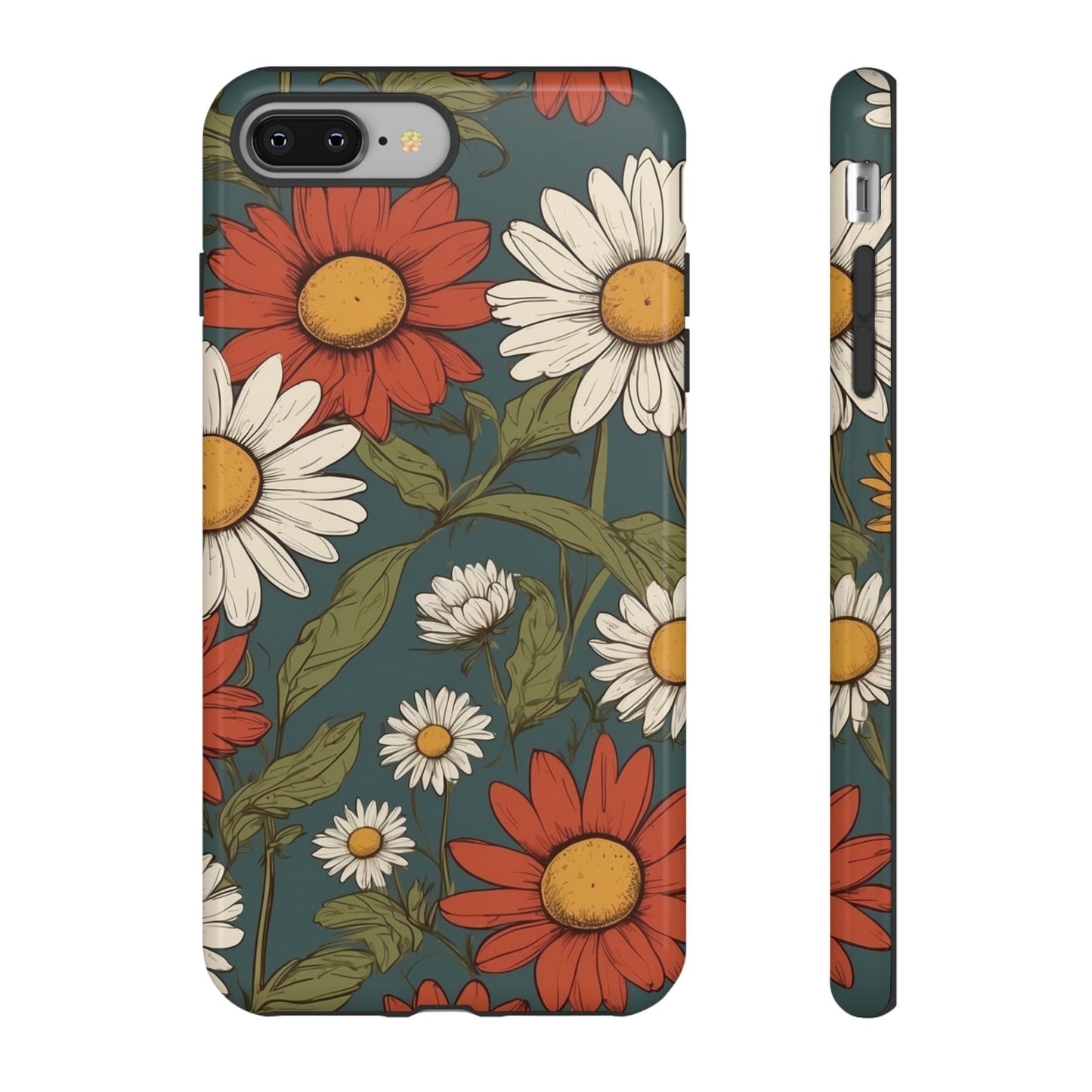 iPhone 8 Plus / Glossy Phone Case - Boho Chic Daisies Floral Pattern ’White & Red’ Phone Case
