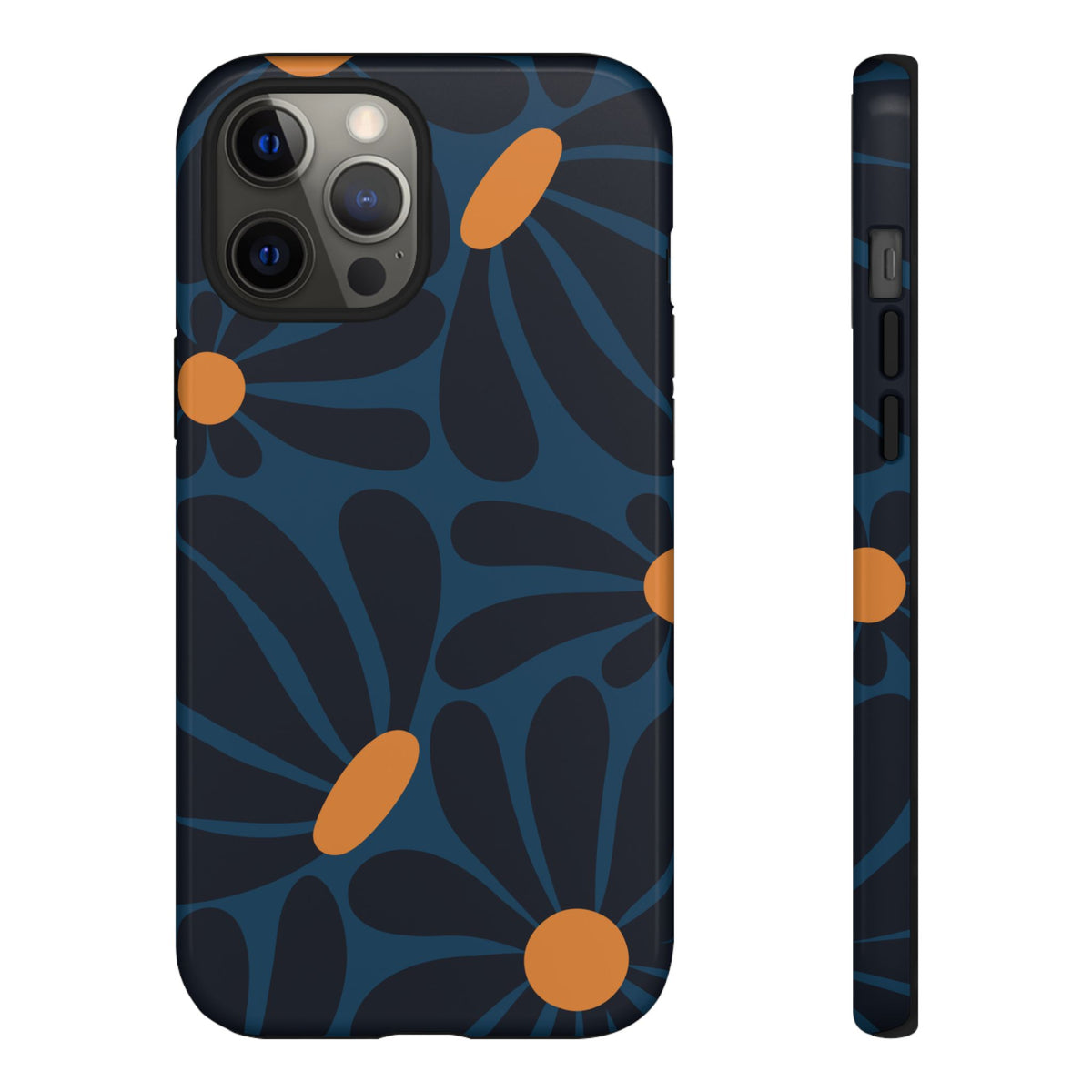 Dark Blue & Orange Daisy Pattern Phone Case - Blue Phone Case - iPhone 12 Pro Max / Glossy