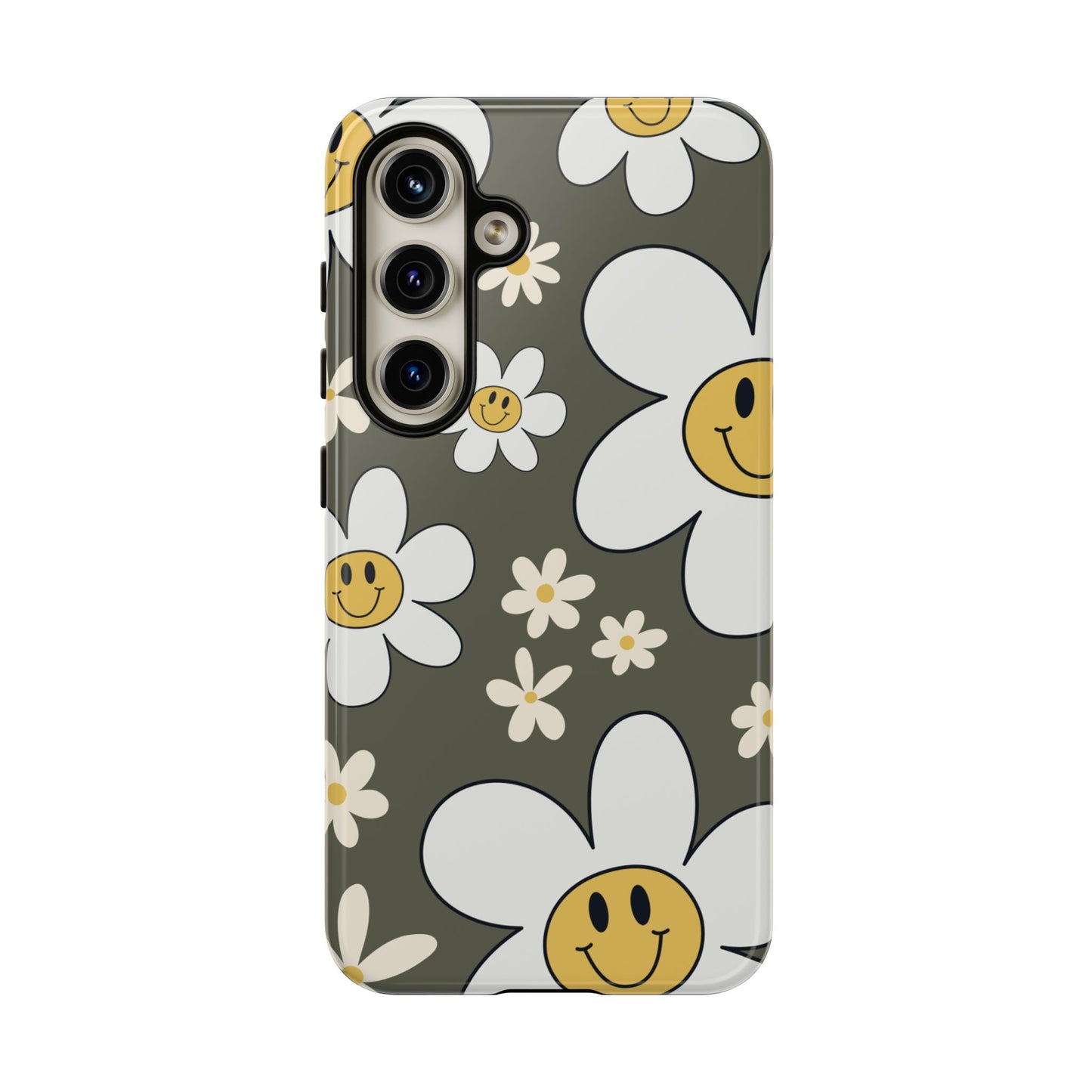 Samsung Galaxy S24 / Glossy Phone Case - Fun Retro Daisy Pattern with Olive Green Background Phone Case