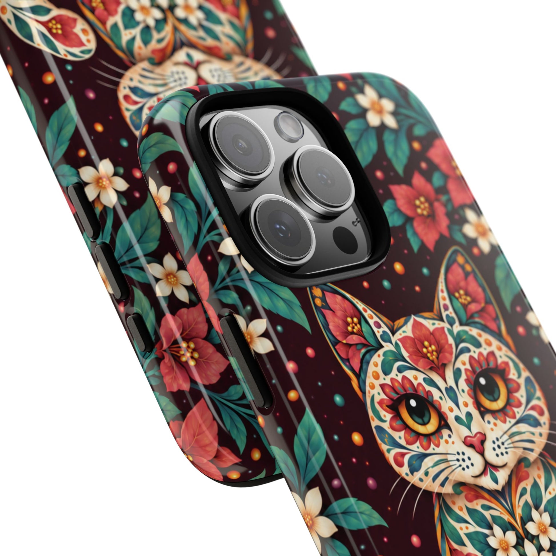 Vibrant Terracotta and Teal Calavera Cat Phone Case - Multicolor Phone Case