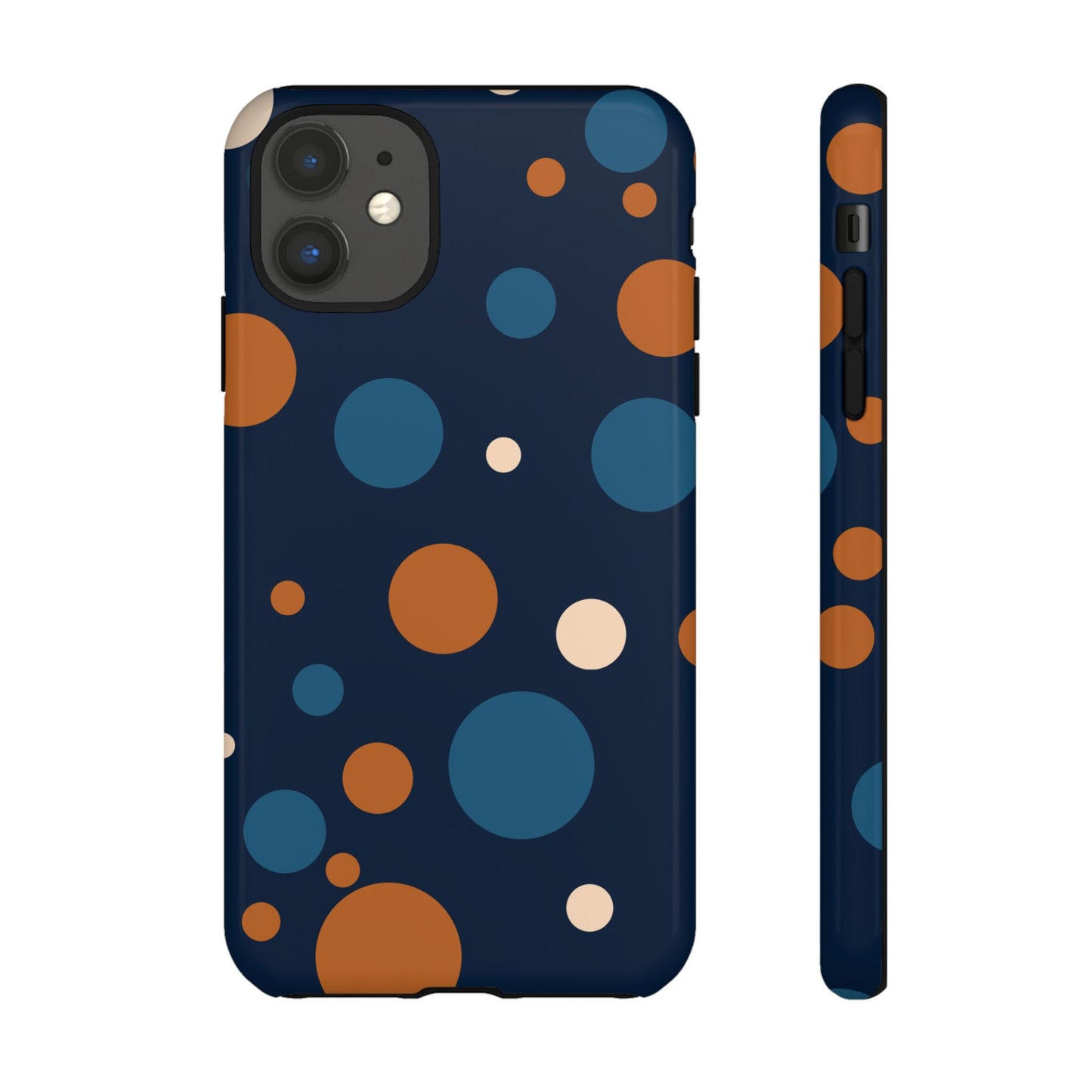 iPhone 11 / Glossy Phone Case - ’Bold Navy Blue & Orange / White Dot Pattern’ Phone Case