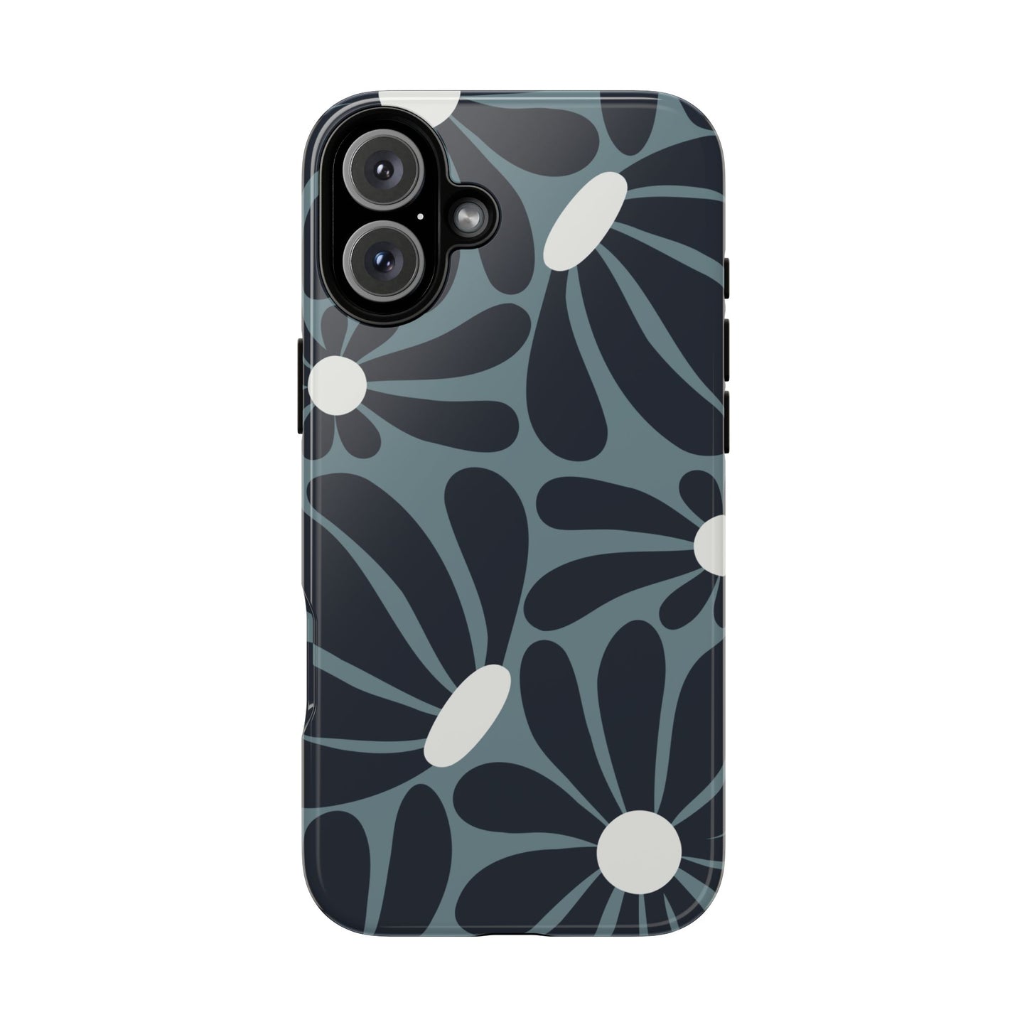 iPhone 16 Plus / Glossy Phone Case - ’Retro Navy Blue & White Daisy Pattern’ Phone Case
