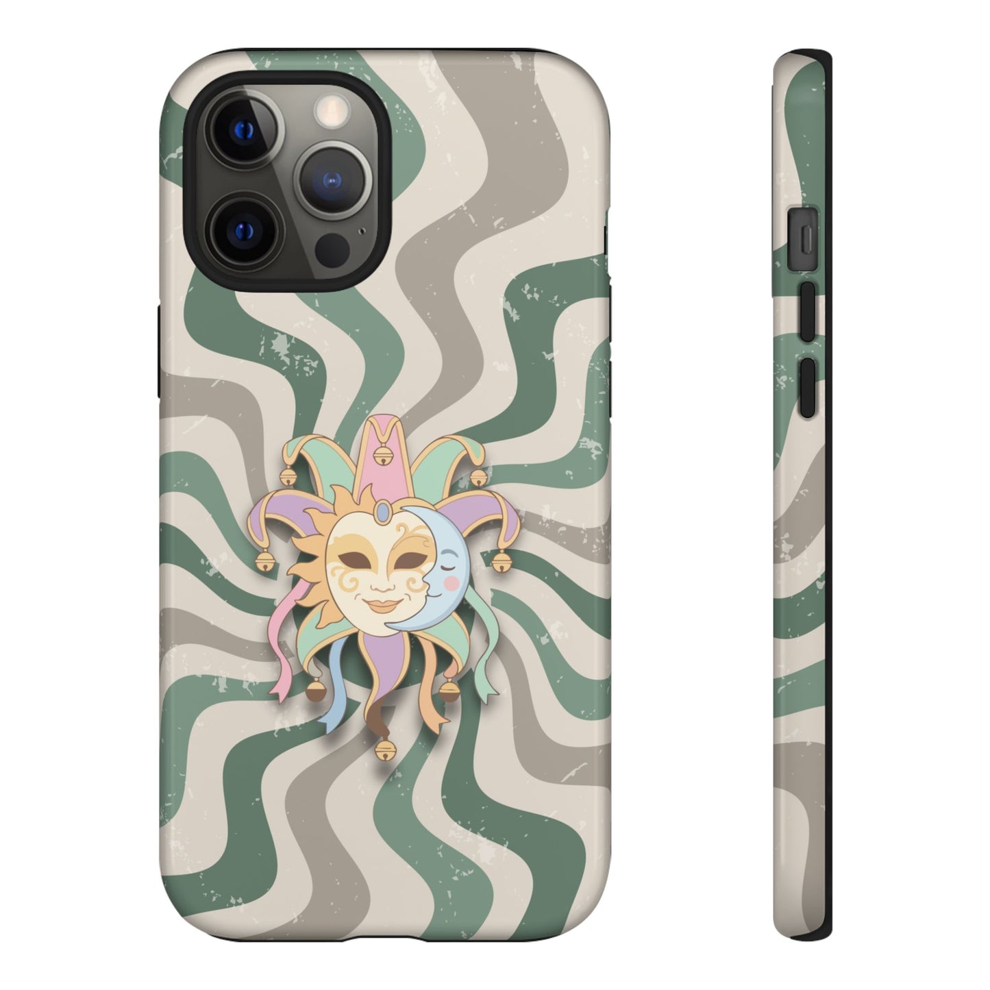 iPhone 12 Pro Max / Glossy Phone Case - Sun & Moon Jester Mask – Green Retro Wave Phone Case