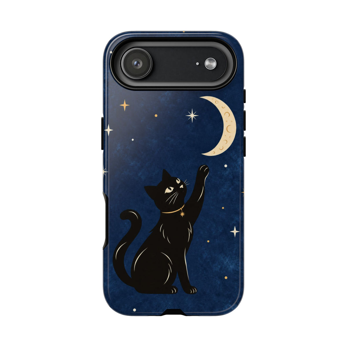 Whimsical Navy Blue Celestial Black Cat Phone Case