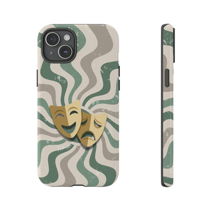 iPhone 15 Plus / Glossy Phone Case - Comedy & Tragedy Masks – Green Minimal Retro Wave Phone Case