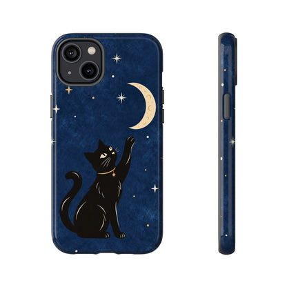Whimsical Navy Blue Celestial Black Cat Phone Case
